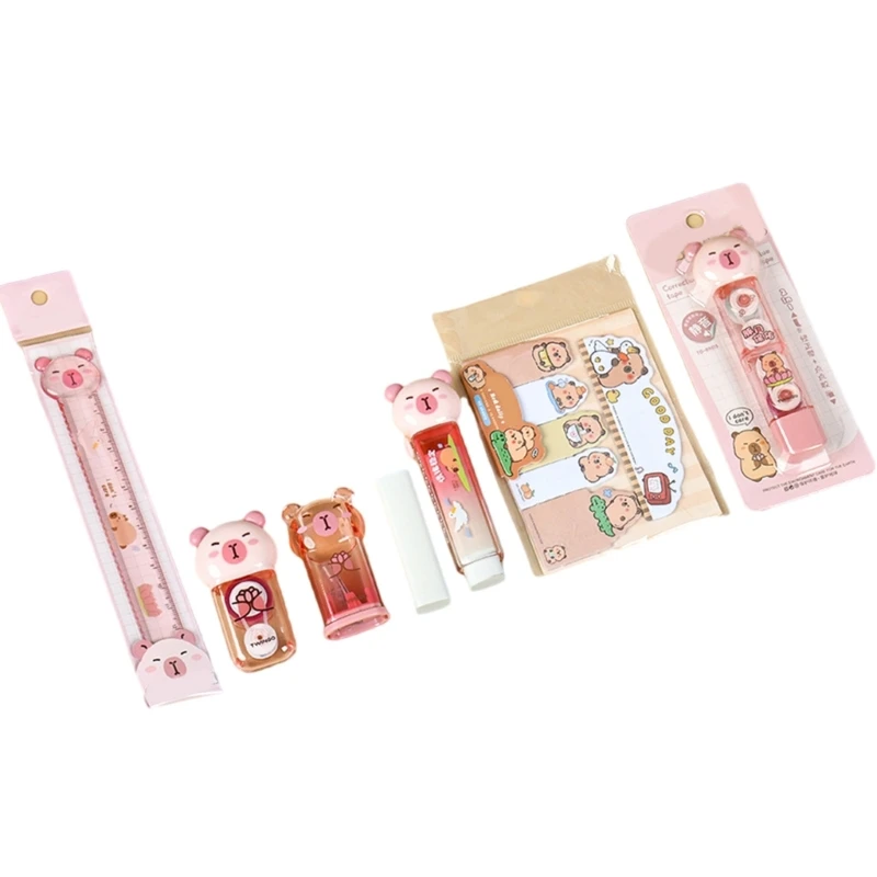 1 Set Set Capybara Stationery Set Set Routener Ruler Eraser Recrection лента Sticky Notes Learning Gift Box School Supplies 601e