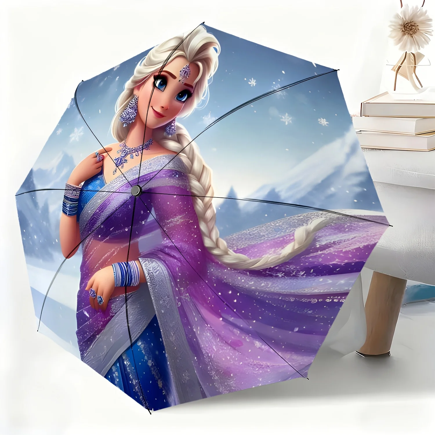 

A Fully Automatic Umbrella Featuring Elsa from Frozen, Suitable for All Occasions As a Sun And Rain Umbrella, Portable And Fol