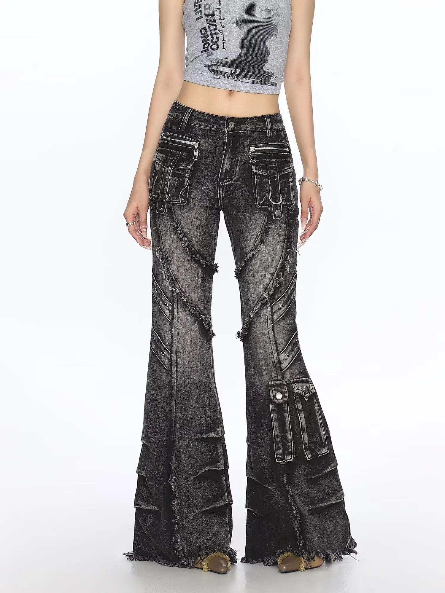 

Американские расклешенные джинсы с бахромой в стиле ретро и женские джинсы Y2k с перекрестной завязкой, пикантная девушка, облегающая подкова, универсальная повседневная джинсовая ткань