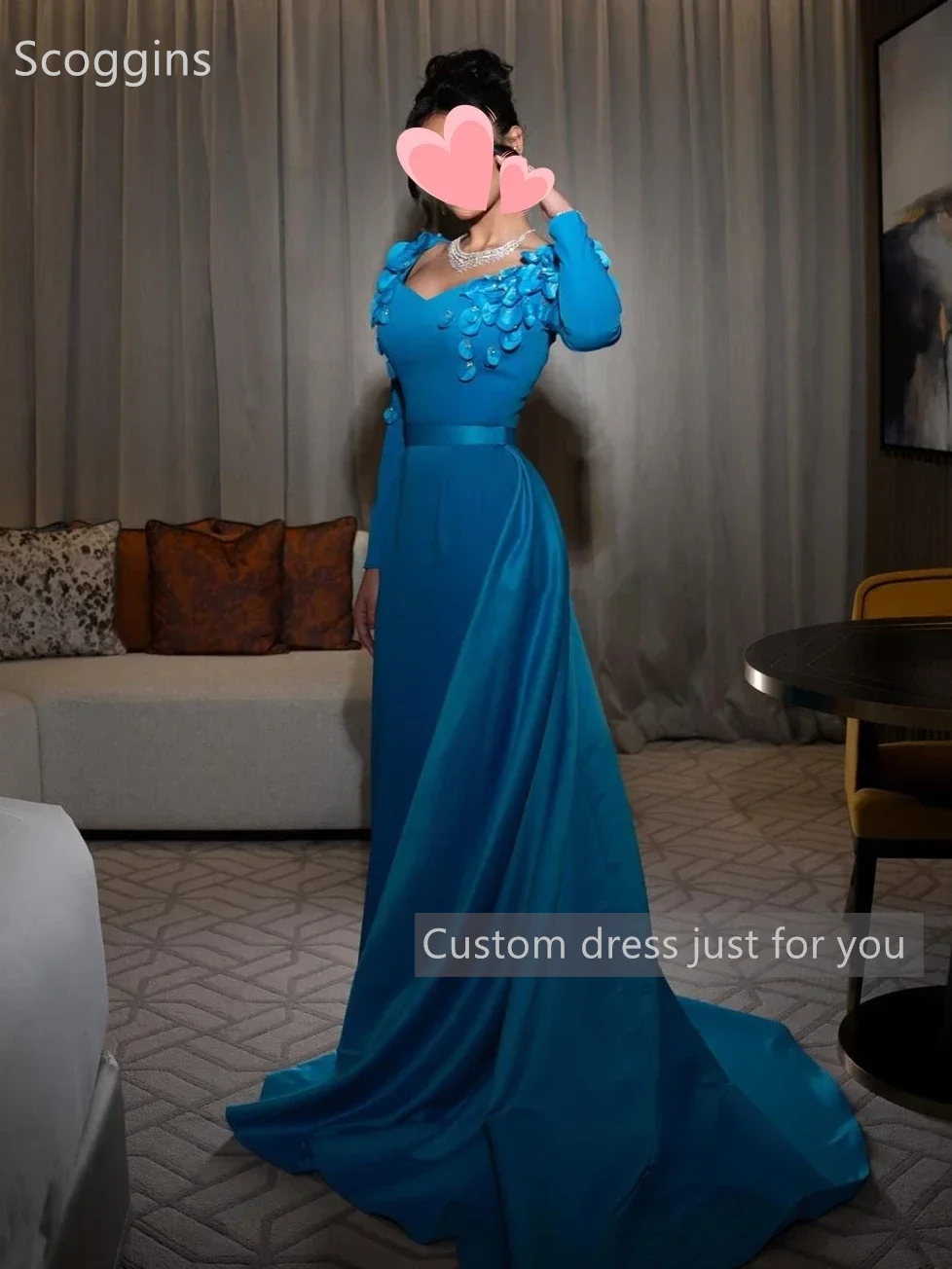 Scoggins فساتين سهرة Customize Evening Elegant Vintage Sexy Sweet Blue Mermaid Beading Satin Stylish Formal Occasion Prom Dress