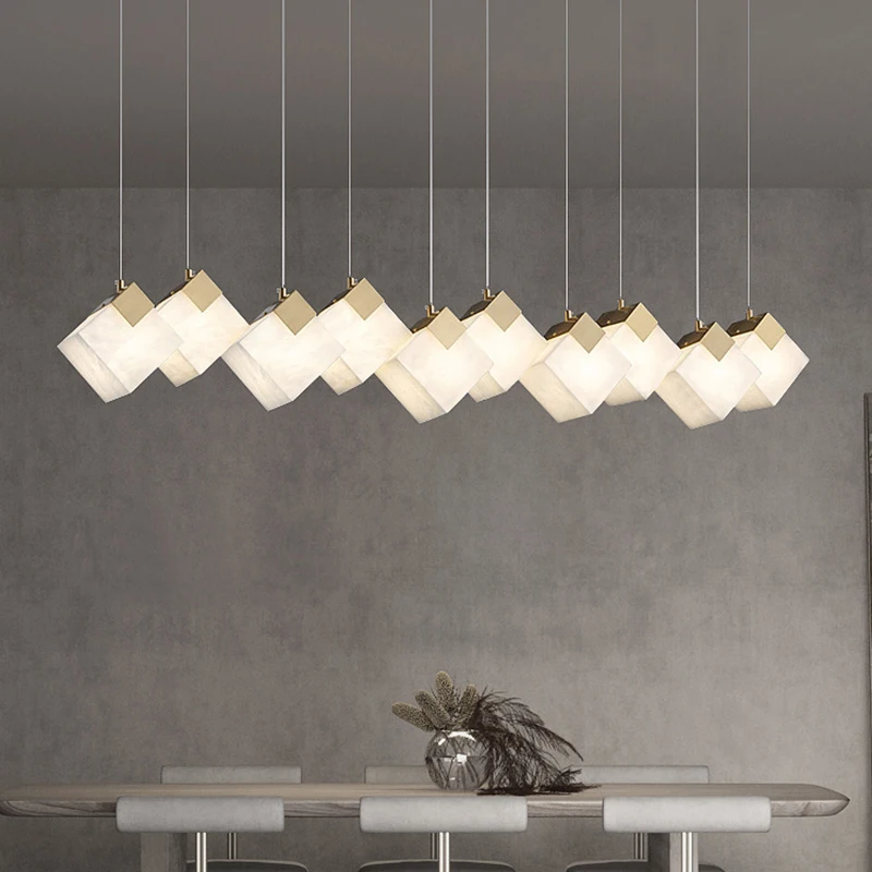 Postmodern Hotel Counter Brass Chandelier Modern Villa Duplex Dining Room Spanish Marble Rectangular Pendant Light