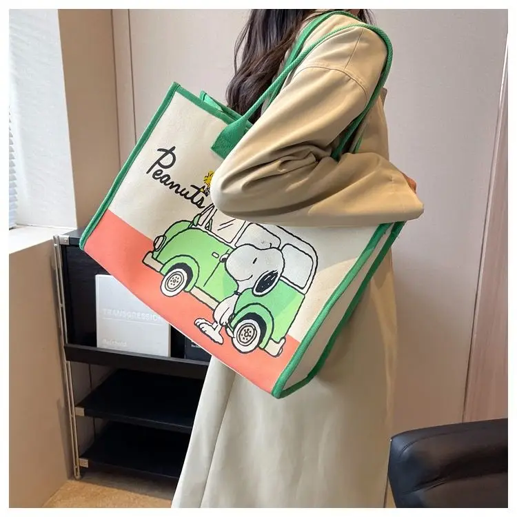 Cartoon Printed Canvas Bag for Women, 2024 New High-capacity Single Shoulder Commuting Tote, Class Tutoring Handbag