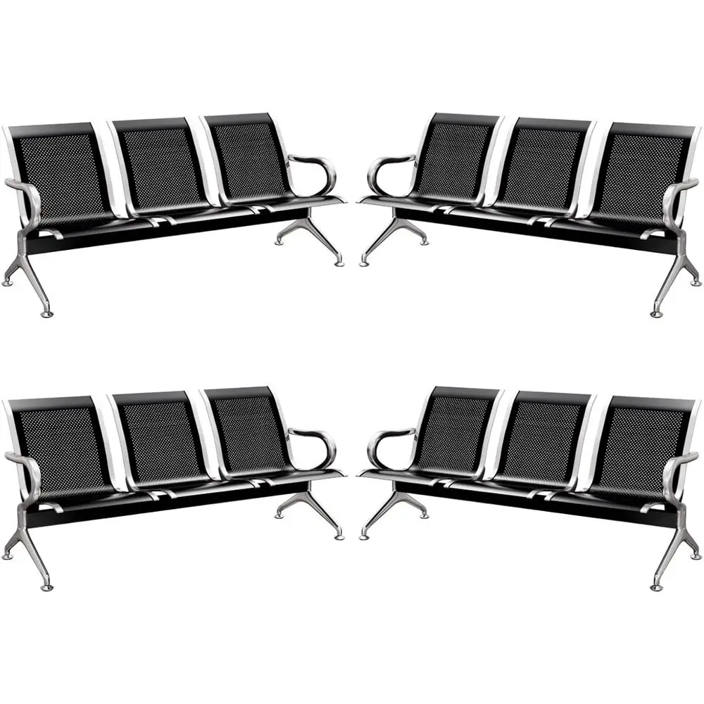 

3-Seat Black Waiting Room Bench with Armrests for Airport, Hospital, and Bank