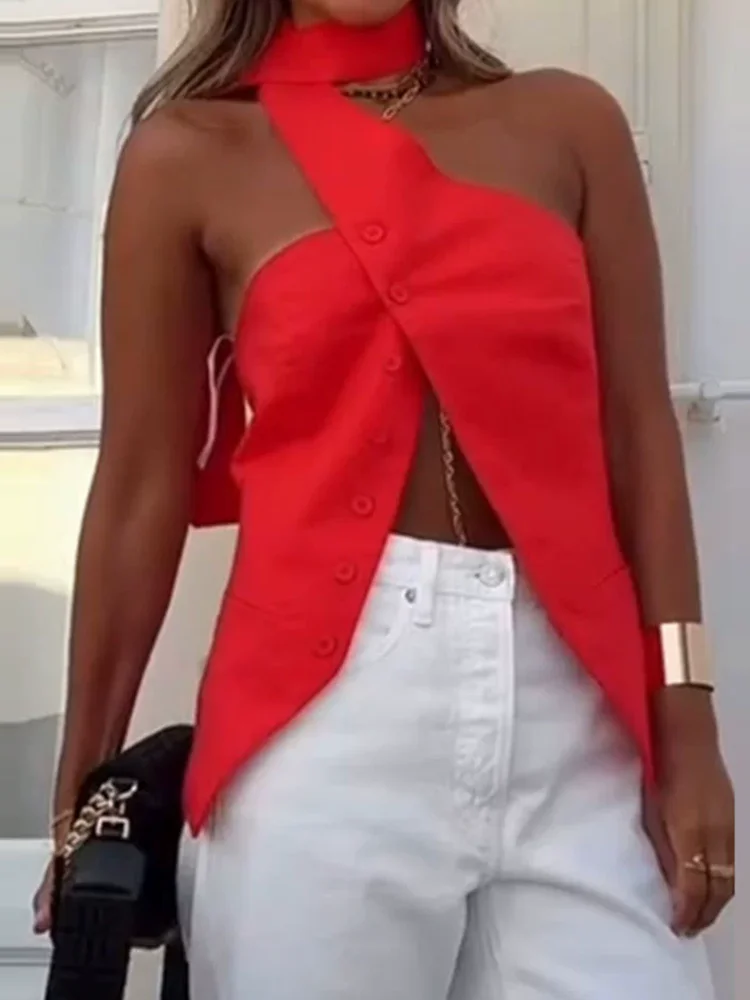 

Summer Women Sexy Backless Chic Tops, Holiday Sleeveless Fashion Simple Blouses, 2025 Single-Breasted Elegant Ladies Vest Blusas
