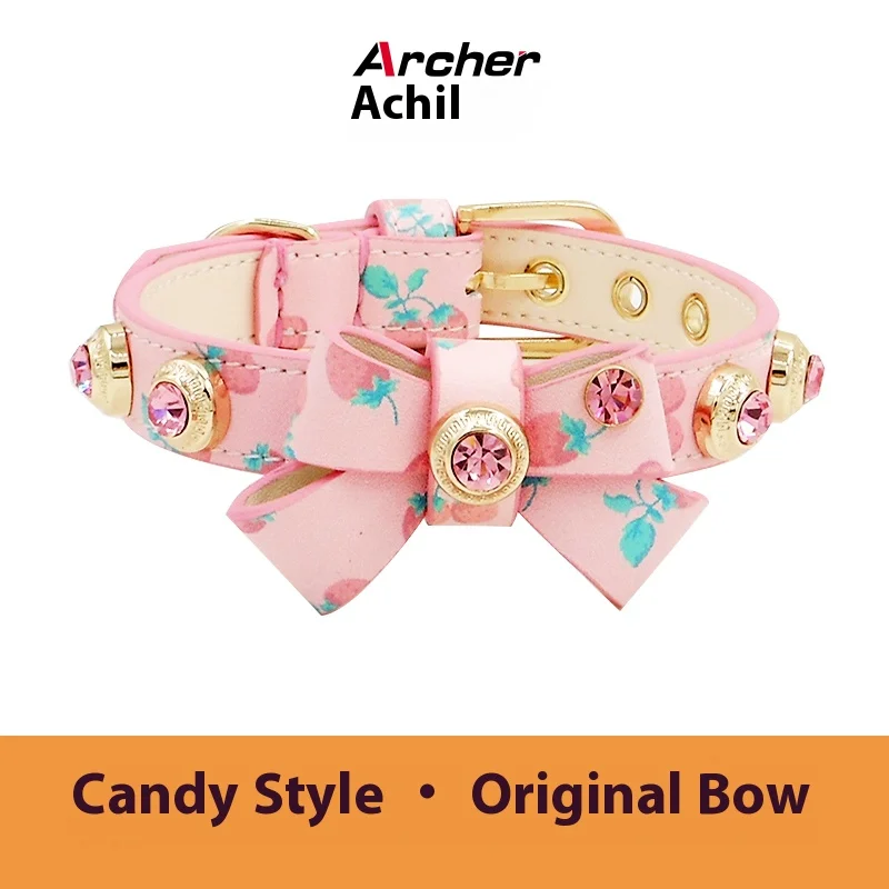 

Achille Bow Tie Pet Collar Crystal Charm Free Soft Genuiner Leather Big Diamond Dogs Cats Puppy Collars Necklace
