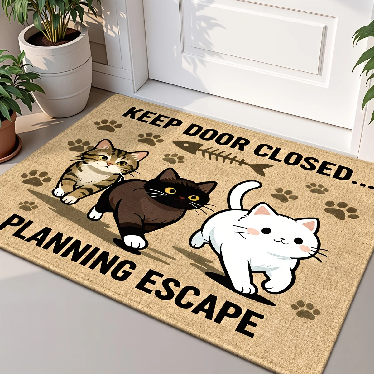 Funny Cat Doormat, Keep Door Closed Planning Escape Rug, Cute Kitten Entrance Floor Mat, Non-Slip Home Decor for Entryway