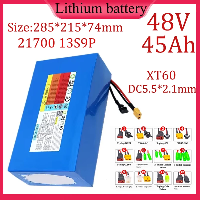 48V 45Ah 13S9P 21700 lithium battery pack built-in 50A BMS 45000mAh High Capacity for 0-2500W high-power electric motor power