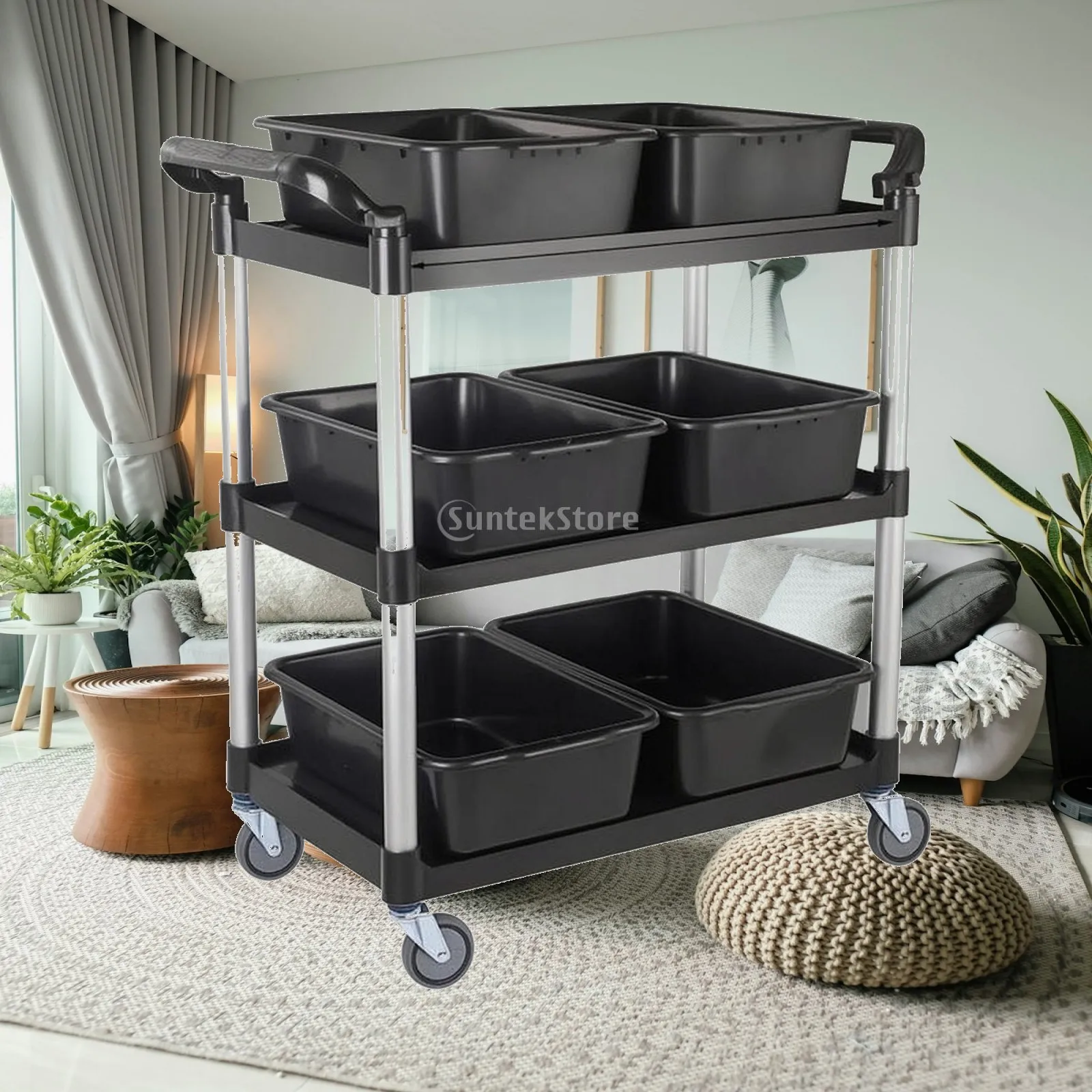 Mobile Organizer Cart with Wheels Three Shelf Six Bins for Commercial Kitchen and Catering Use