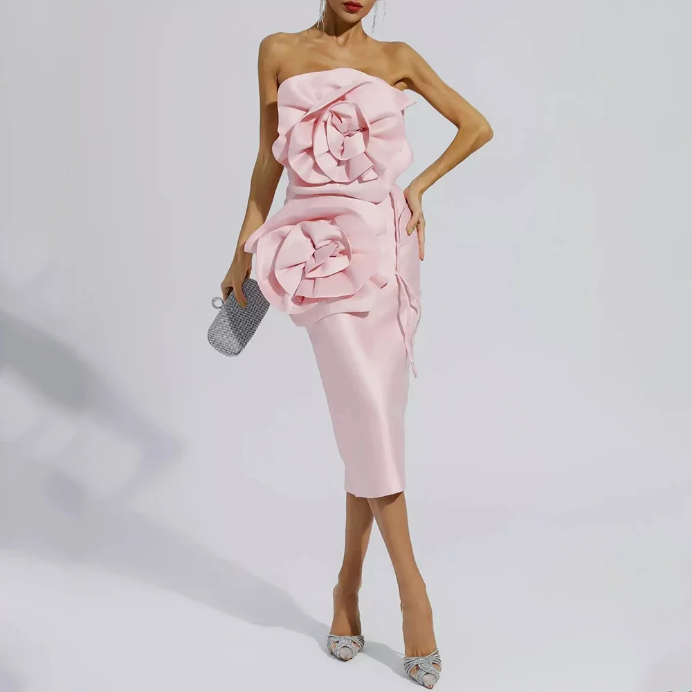 Flechazo Strapless Tea-Length Evening Dress with Flowers Sleeveless Straight Sexy Open Back and Slit Women Party Custom Gowns