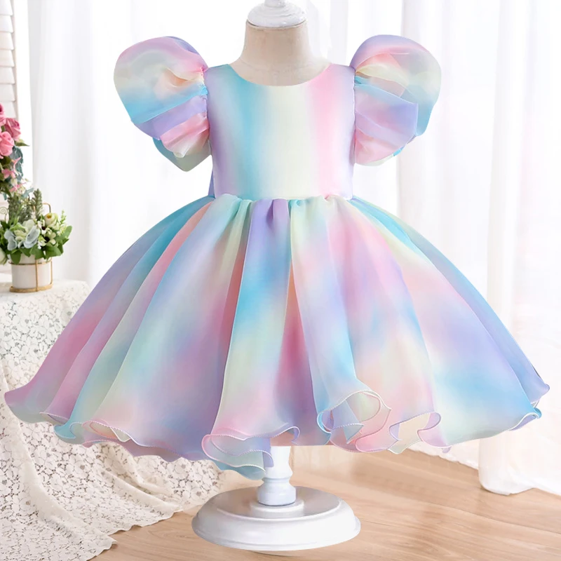 Girls\' Colorful Bubble Sleeve Princess Dress 2024 New Bow Blouse Dress Sweet Banquet Host Show Dress