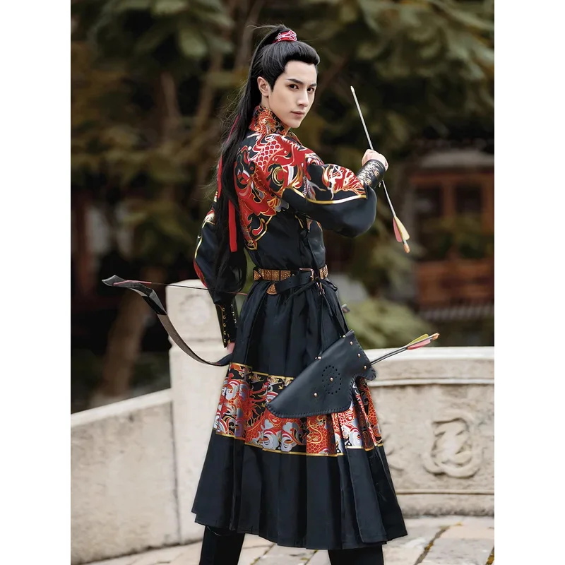 

DY20Древний китайский костюм ханьфу, мужской топ, юбка, комплект с поясом, костюм самурая, халат ханьфу, боевые искусства, принт дракона, летающая рыба, су