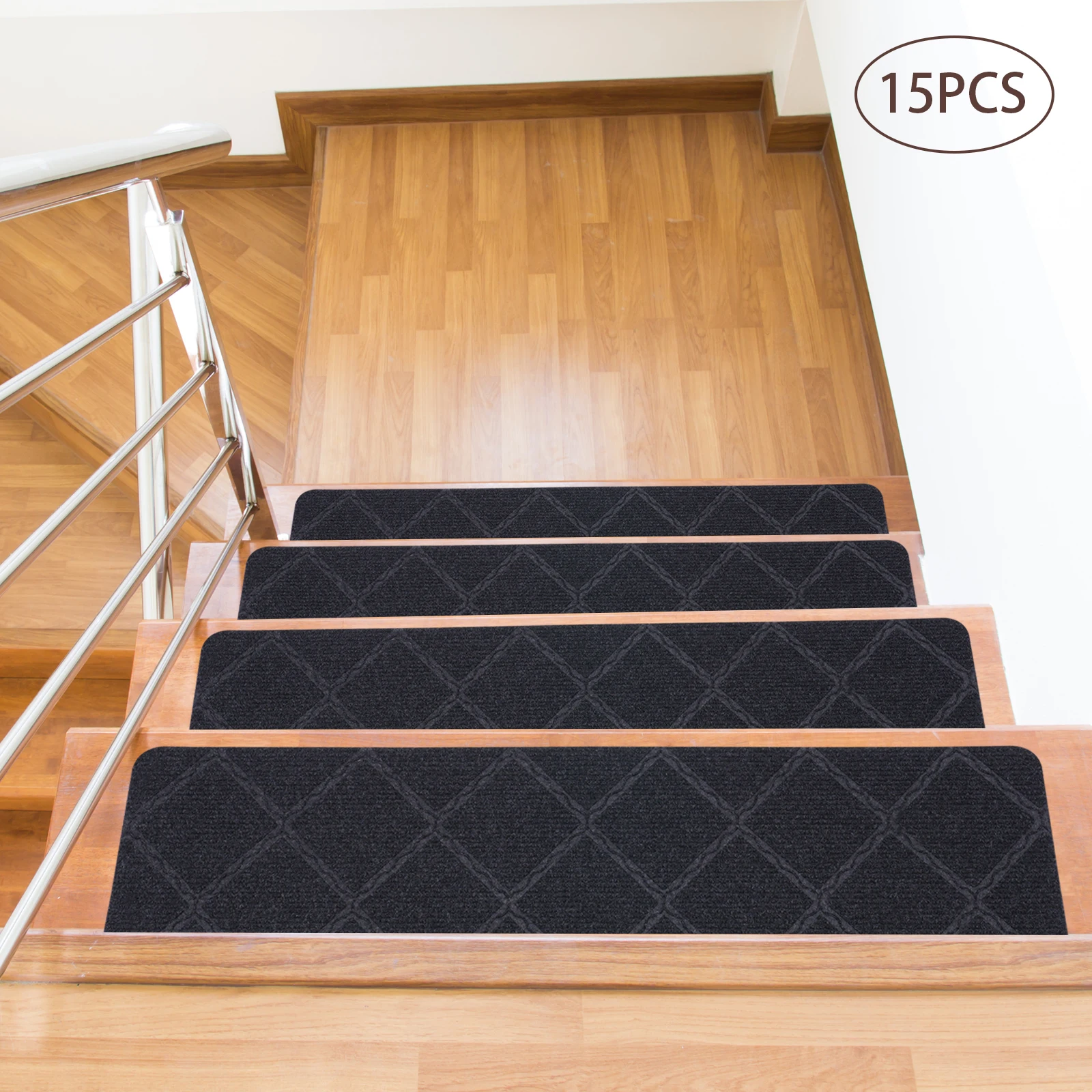 15 Pcs Non-Slip Carpet Stair Treads Stair Treads Carpet Wood Stair Runners Safety Diamond Black