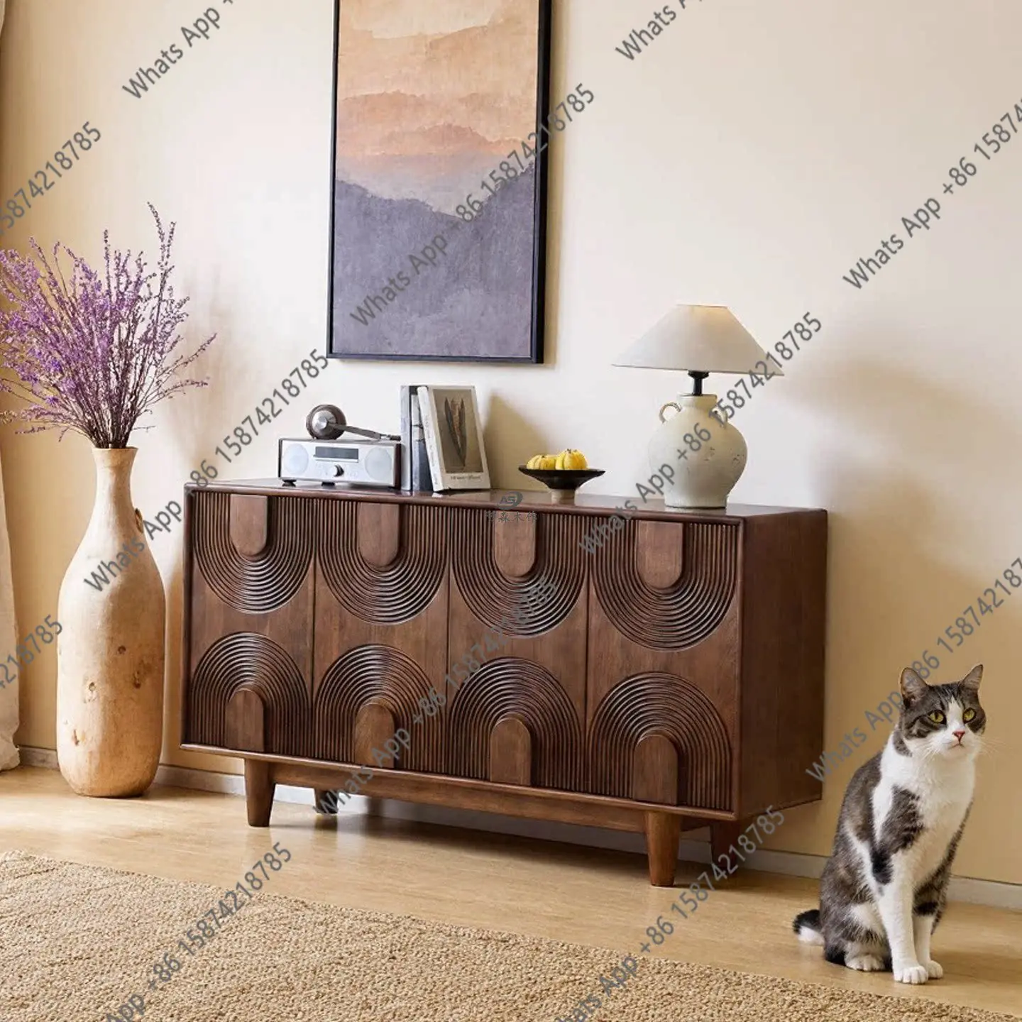 North American black walnut solid wood dining side cabinet round dance engraving living room wall sofa side cabinet