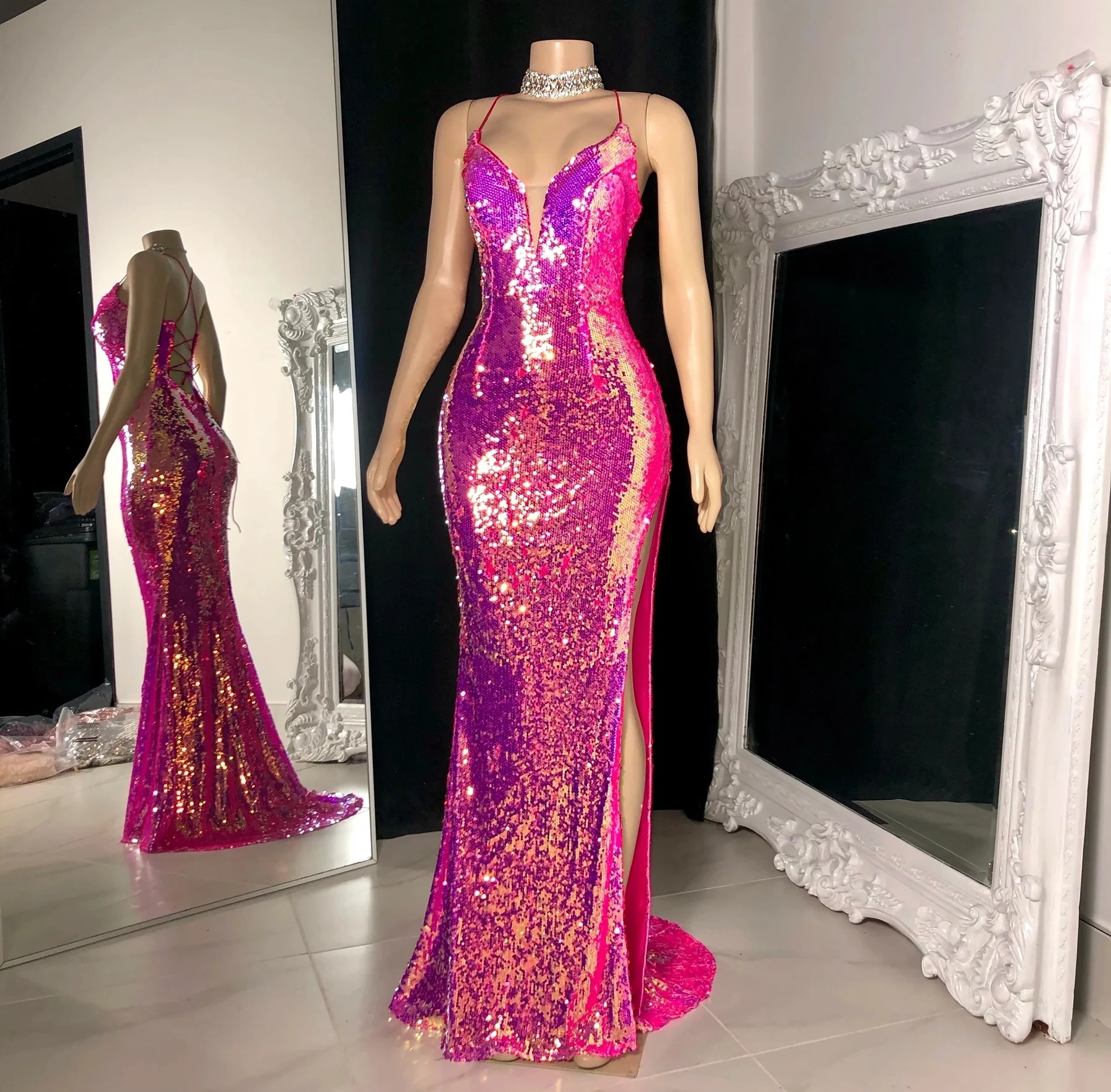 

Pink Backless Sexy Long Black Girls Prom Dresses Mermaid Style Sequins Sparkle Slit Prom Party Gowns