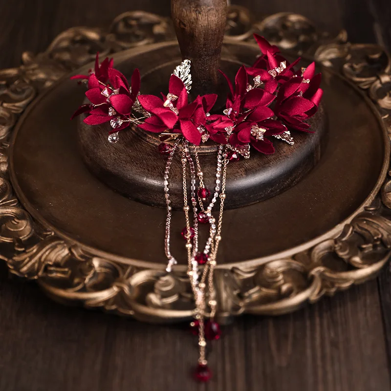 Nieuwe Rode Bloem Bruids Bruiloft Haarspeldjes Rode Kralen Kwastje Bloem Haar Clips Back Hoofd Bruiloft Hoofdtooi