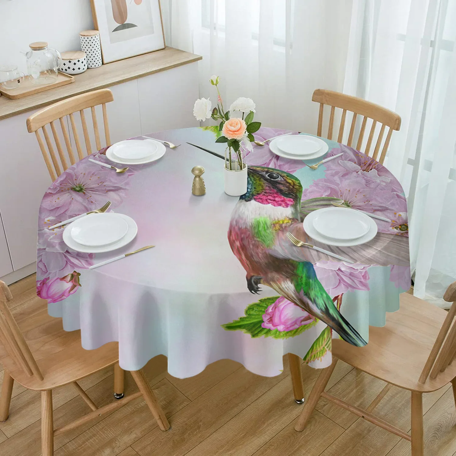 Flower Cherry Blossom Hummingbird Round Tablecloth Waterproof Table Cover Home Kitchen Table Cloth Dining Table Decoration