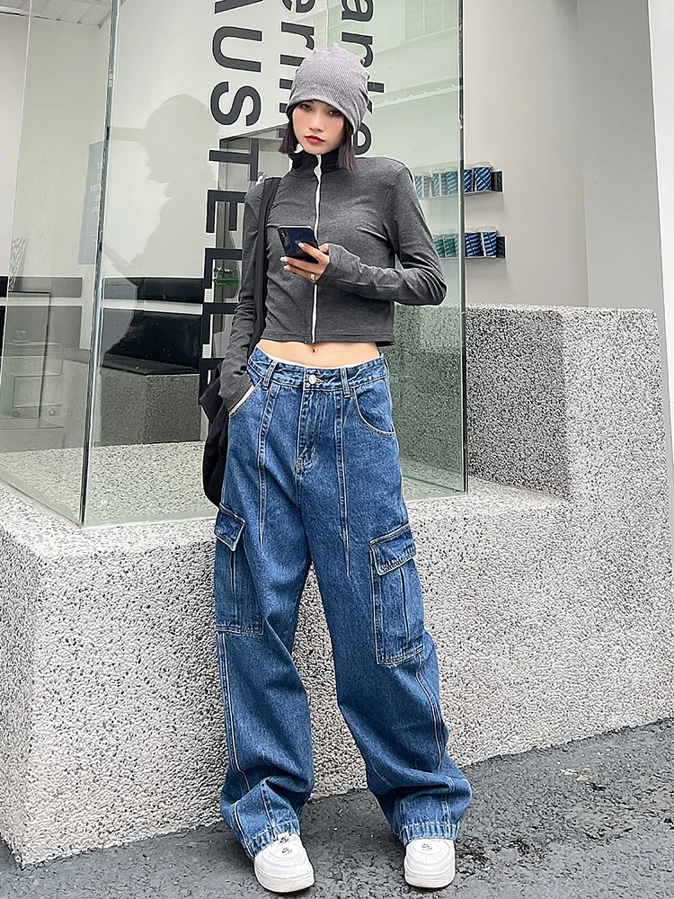 

2023 women denim cargo pants retro high waist loose wide leg pants y2k fashion street casual baggy floor lenght jeans for women