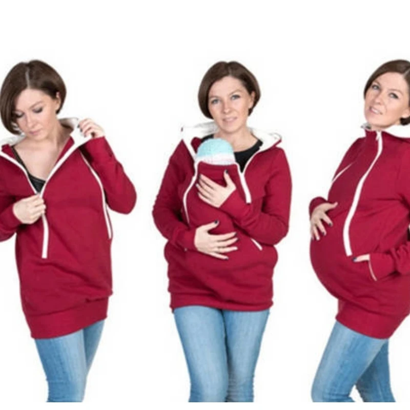 Hoodie Pregnancy Women Kangaroo Carrier 2024 Spring Autumn Maternity Women Casual Sweatershirt Coat With Zipper Pocket B0061