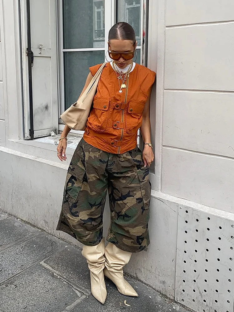 

Модный спортивный женский жилет с карманами на молнии, повседневный оранжевый свободный женский уличный топ без рукавов, осень 202, новая женская уличная одежда