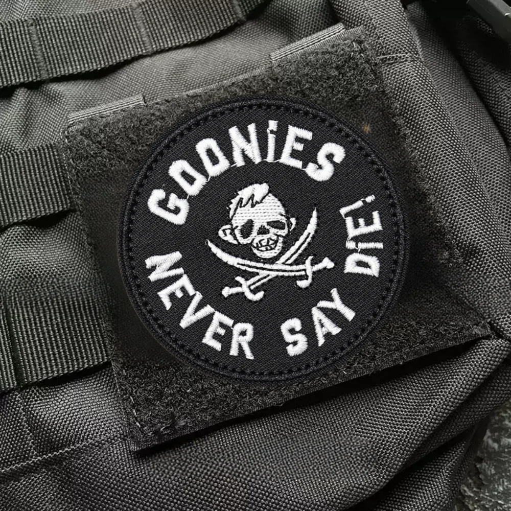Goonies Never Say Diei Embroidered Patches for Clothing Skull Tactical Morale Badge ARMY Military Hook and Loop Backpack Sticker