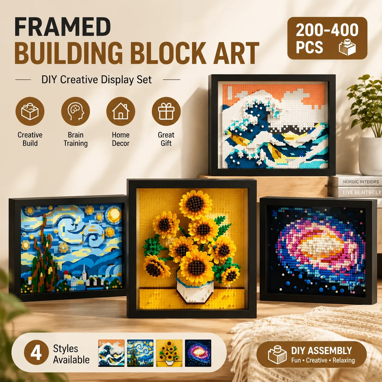 Peinture d'art créative de renommée mondiale : Vue nocturne, ciel étoilé, Tournesols de Van Gogh, Galaxie, Kanagawa – Blocs de construction – Cadeau de Noël et d'anniversaire