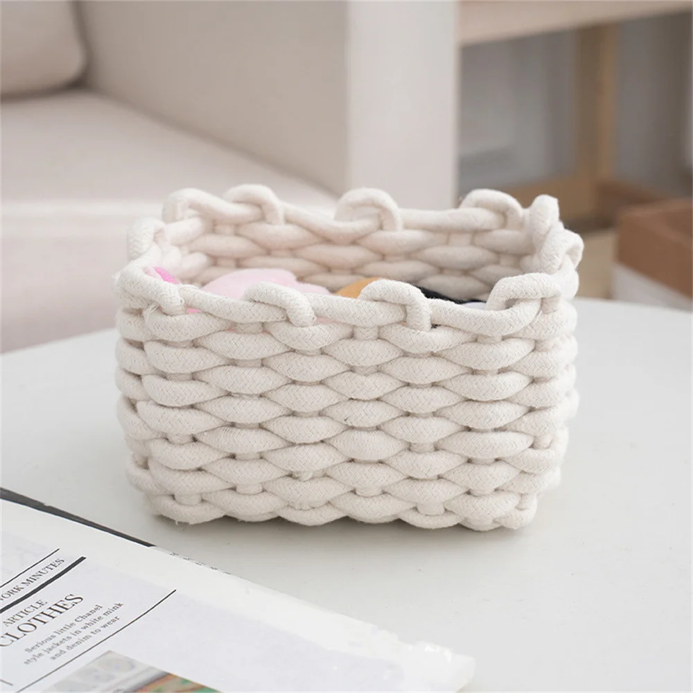 Nordic Cotton Rope Woven Small Storage Basket Rectangle Cotton Rope Storage Desktop Sundries Make up Organizer Home Decor