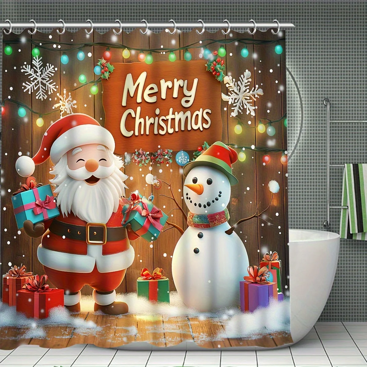 4Pcs Santa Snowman Shower Curtain Set,Christmas Scene Polyester Washable with 12 Hooks,Non-slip Mat & Toilet Lid Pad, Xmas Decor