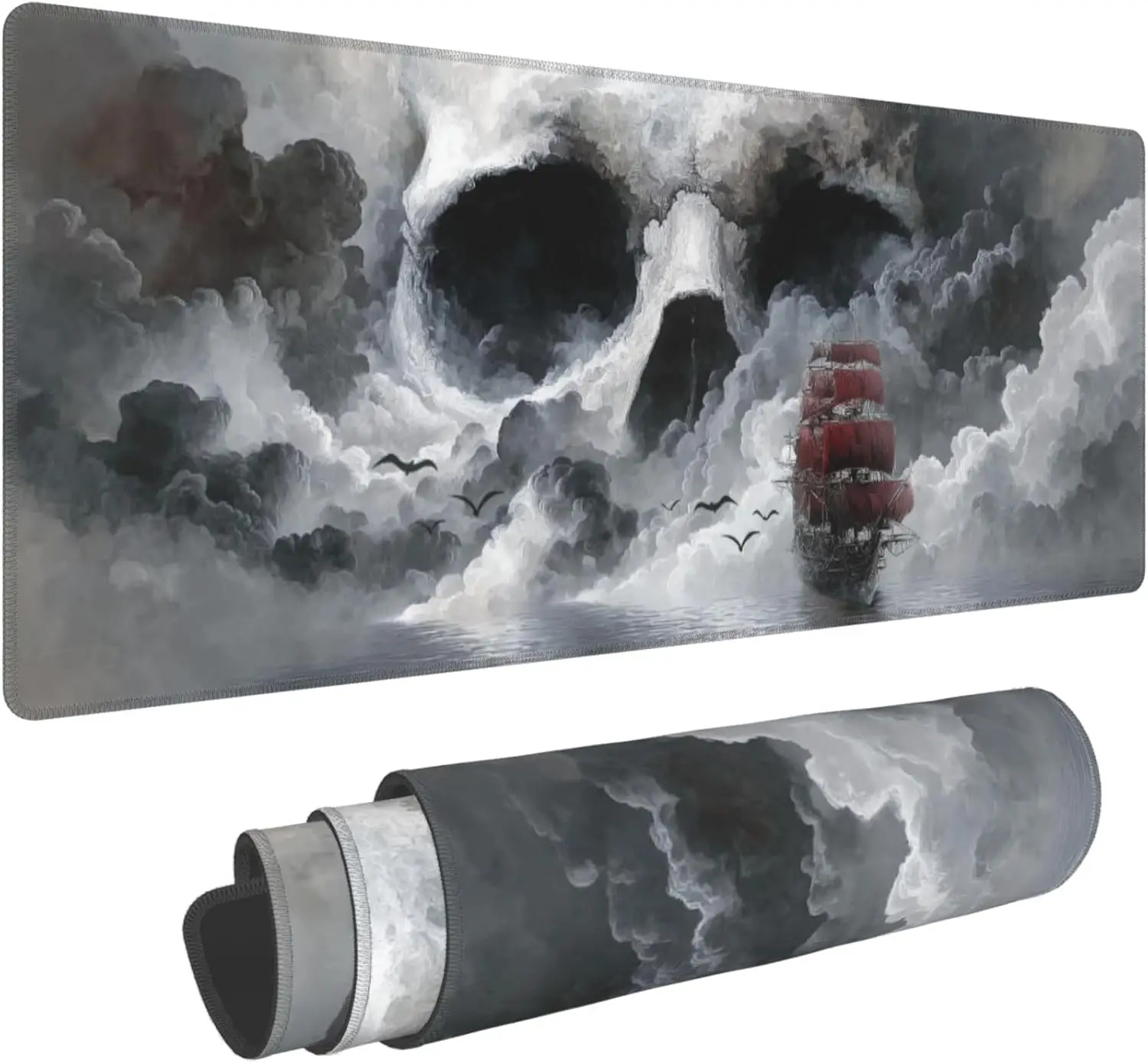 Extended Gaming-Mauspad „Skull & Sea Boat“ – XL, große Schreibtischunterlage mit genähten Kanten für Gamer und Heimbüro