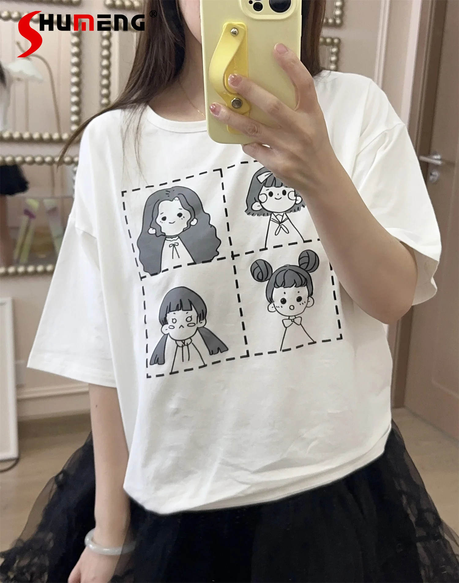 

Japanese Style Sweet Simple Casual Cartoon Girl Printed Round Neck Short Sleeve All-match White Crop Tops T-shirt Women Summer