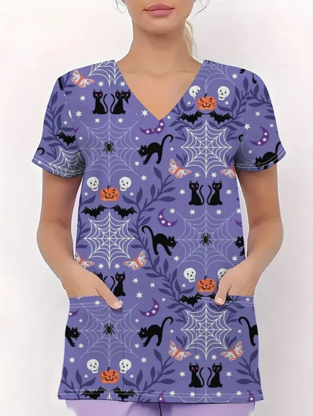 ชุดยูนิฟอร์มทางการแพทย์สำหรับผู้หญิง ลายฟักทองฮาโลวีน แฟชั่นคอวี แขนสั้น ชุดยูนิฟอร์มทางการแพทย์ลำลอง ชุดยูนิฟอร์มพยาบาลทันตแพทย์สำหรับผู้หญิง