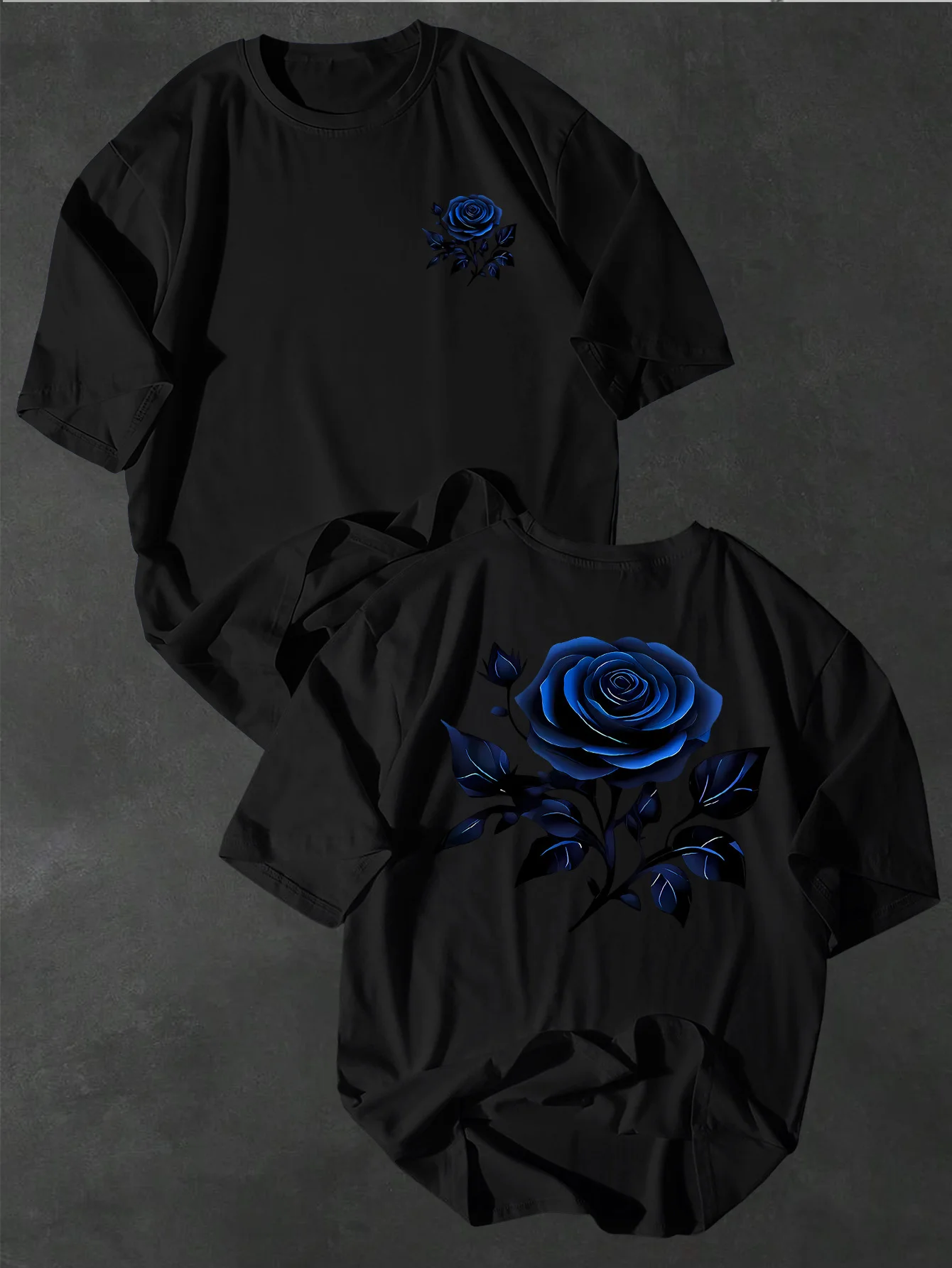 Stylish men's T-shirt with blue rose print, casual, comfortable, loose fit, versatile, simple street style.