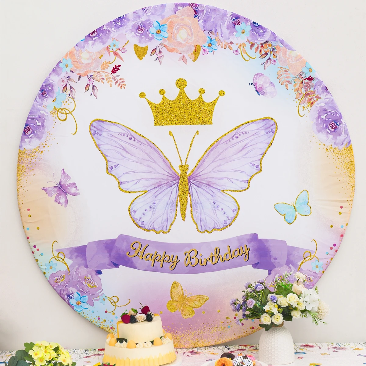 Purple Butterfly Birthday Party Round Backdrops Wedding Decorations Photo Booth Background Baby Shower Girl Backdrop Props