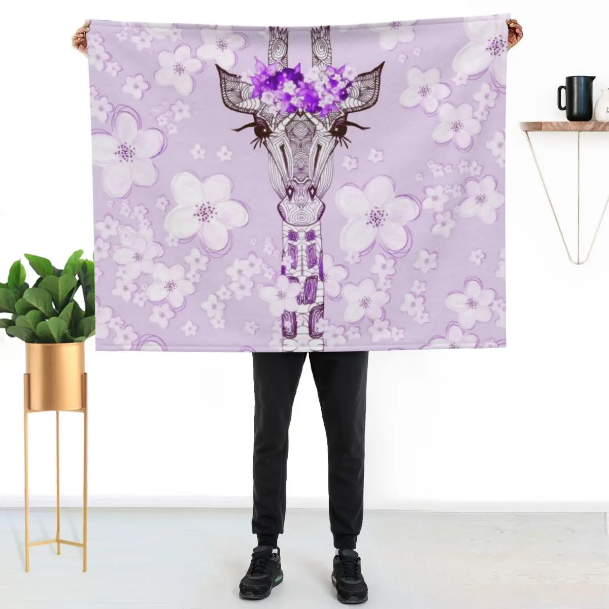 PURPLE FLOWER GIRAFFE GIRL Throw Blanket Soft Stuffeds Plaid Large Loose Retros Blankets