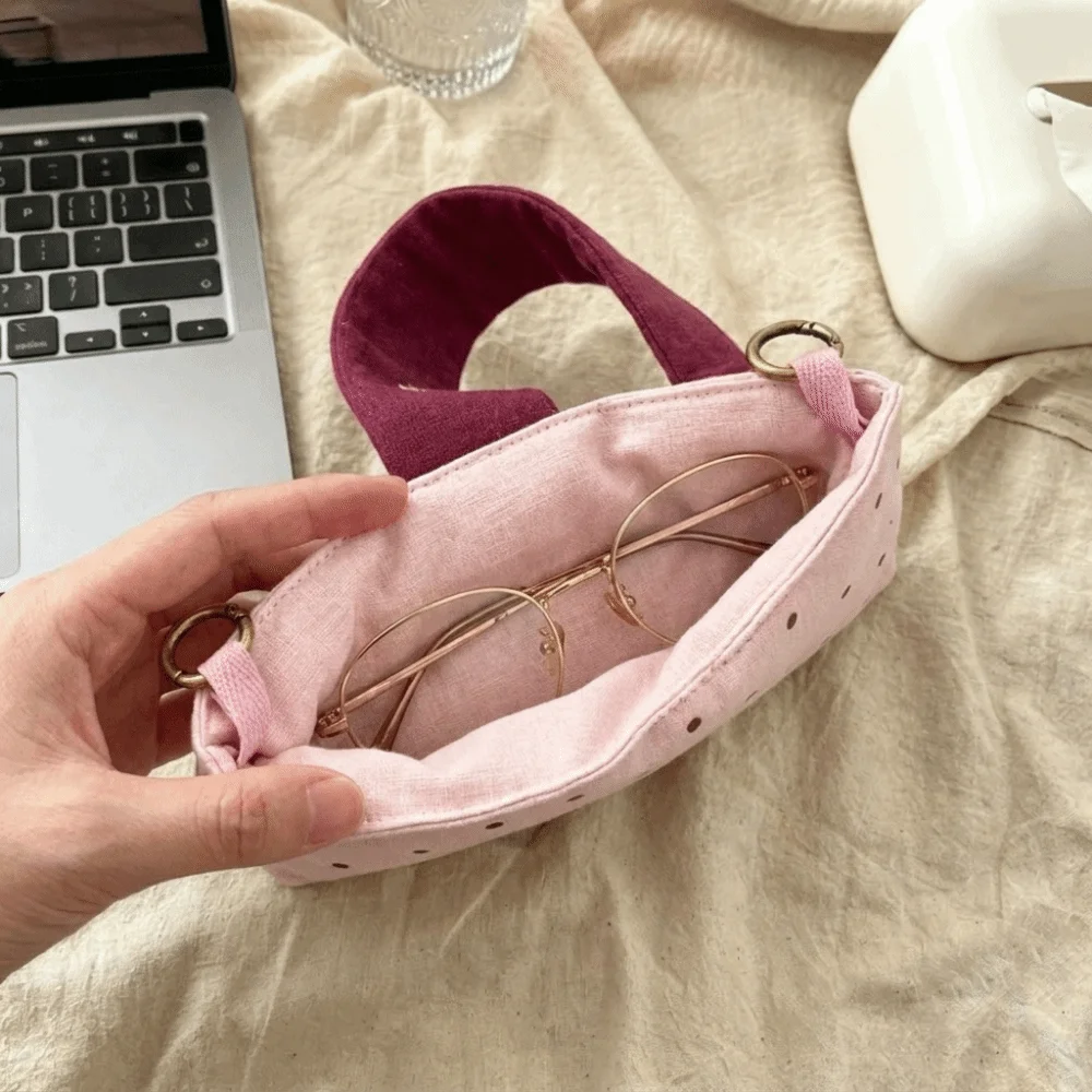 Bow Tie Shape Polka Dot Eyeglass Case Snap Button Closure Portable Size Glasses Storage Bag Soft Material Pressure Resistant