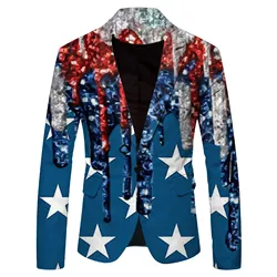 Men'S Independence Day Digital Print  Personality Casual Vintage Long Sleeved Suit Jacket 2024 Fashion Men'S Long Sleeve Blazer