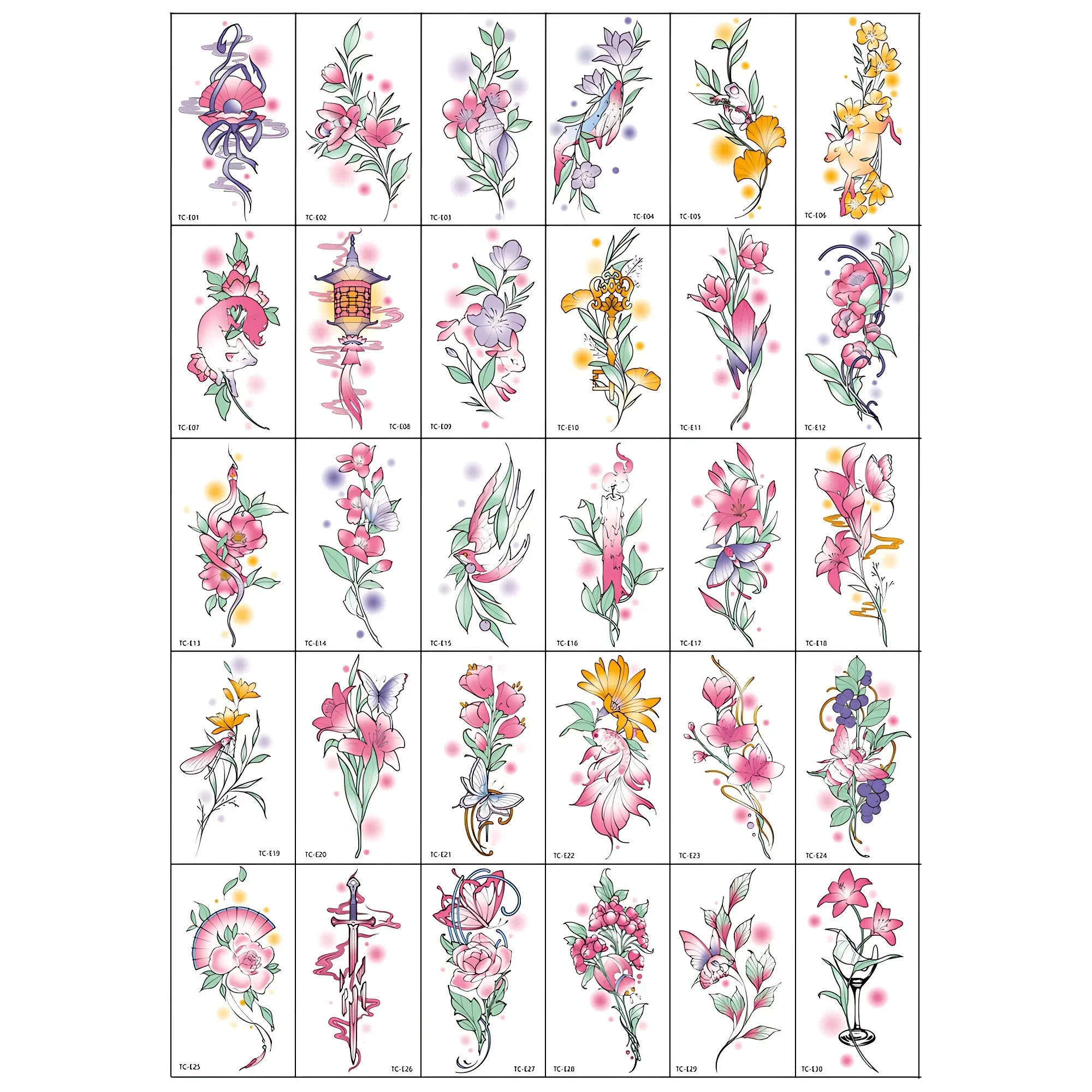 30pcs/set Flower Tattoo Sticker for Women Female Floral Butterfly Fan Candle Waterproof Fake Tattoo tatouage femme temporaire