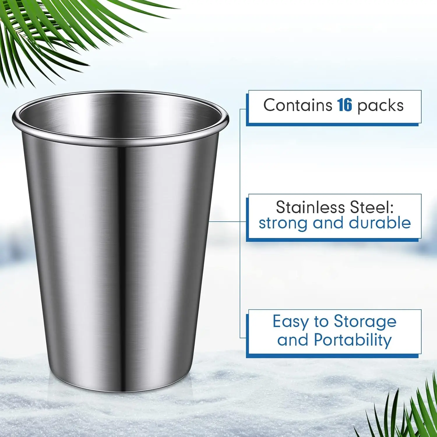 Stainless Steel Pint Cup Set - 16 Pack Stackable Metal Cups for Travel Outdoor Camping - Shatterproof Drinking Glasses (12 oz/ 3