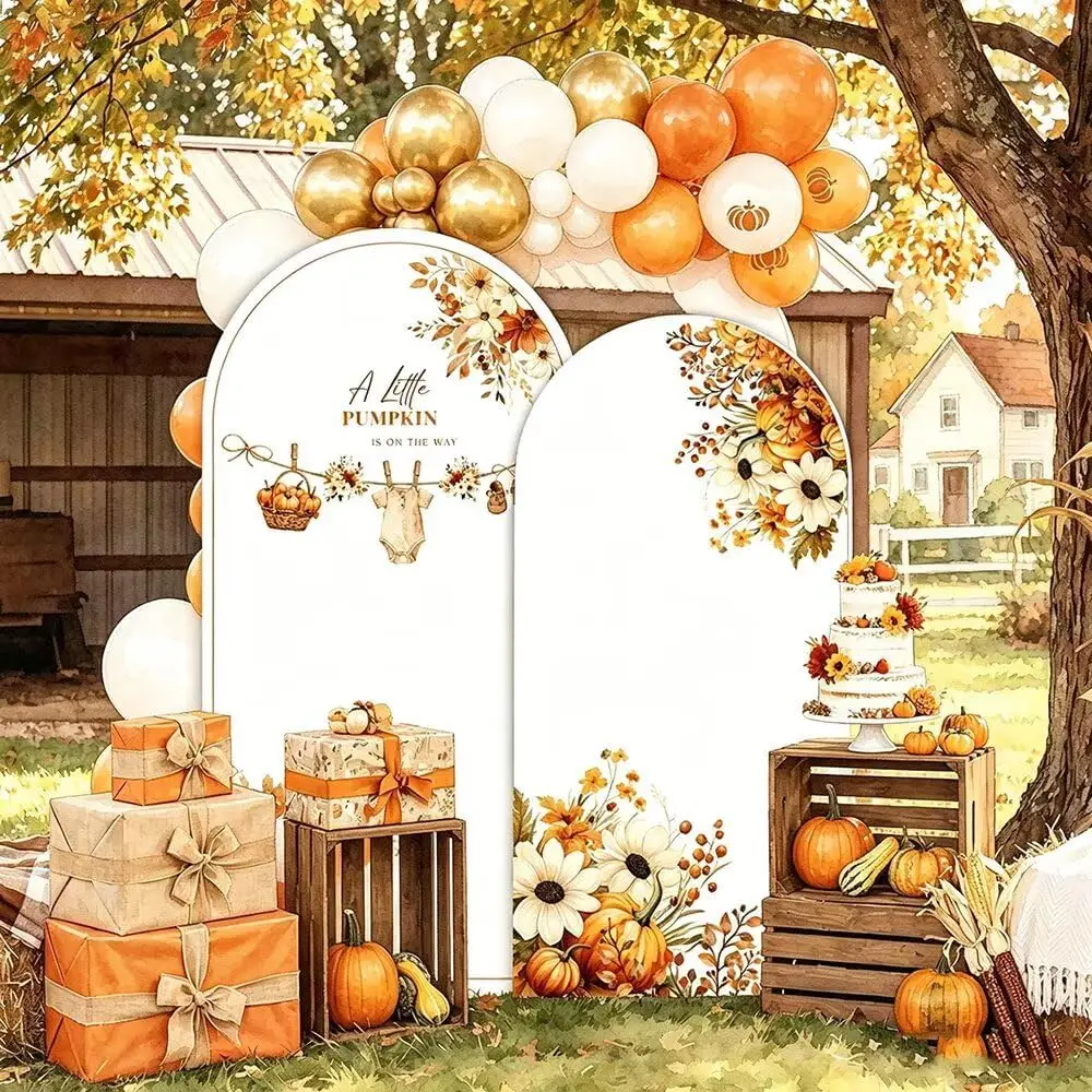 2-sided A Little Pumpkin is on the Way Backdrop Autumn Baby Shower Thanksgiving Background Gender Reveal Party Arch Cover Props