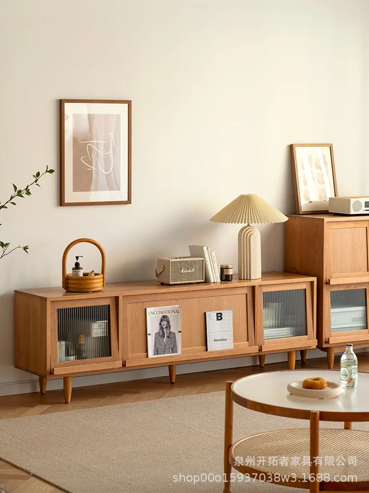 Solid wood TV cabinet, sideboard, small apartment, home bedroom, rattan woven audio-visual cabinet, wall-mounted integrated floo