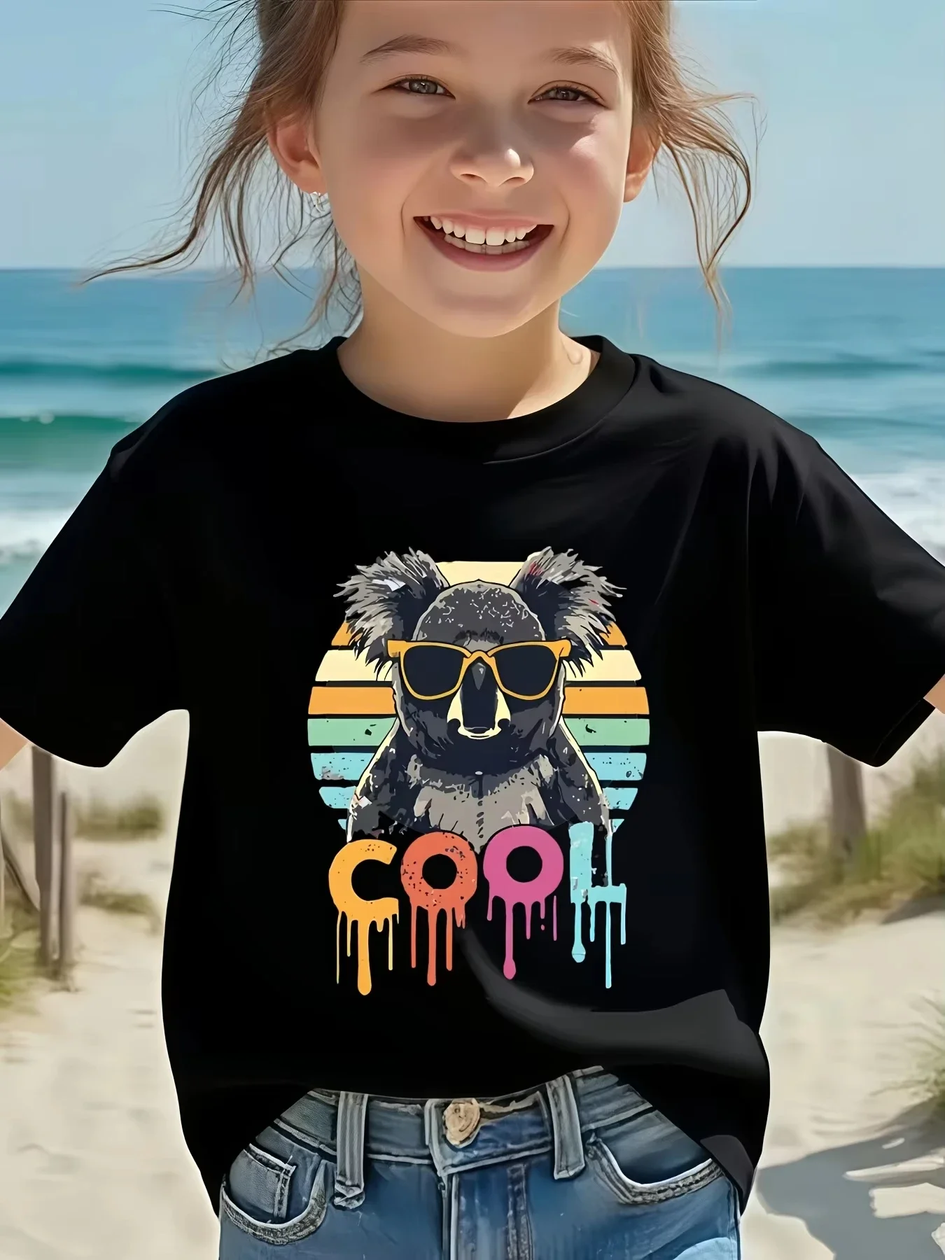 Summer Cartoon Koala Design T Shirt Cool Drip Font Retro Sunset Koala Graphic Short Sleeve Kids Fashion Tee