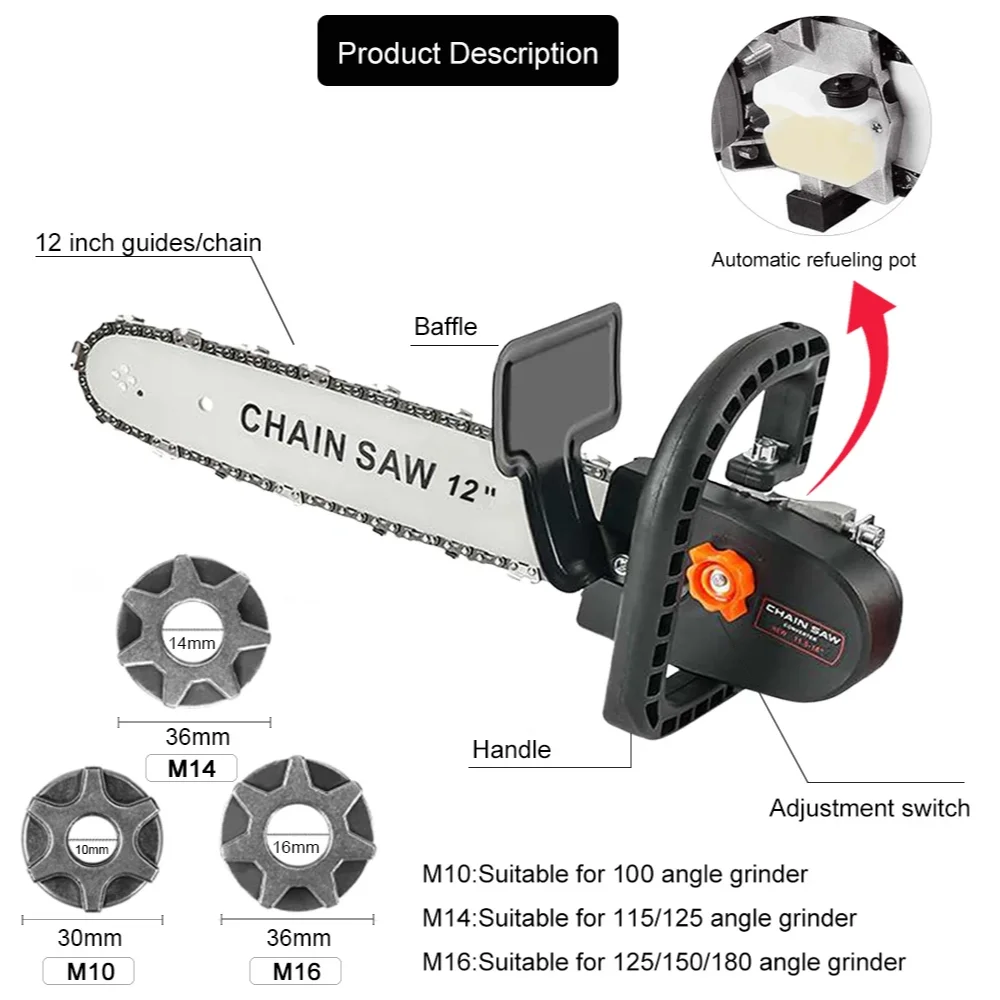 12 Inch Electric Chain Saw Adapter Home DIY Power Tool Kit for 100-180mm Angle Grinder, M10-M14-M16 Adjustable Chain Saw Adapter