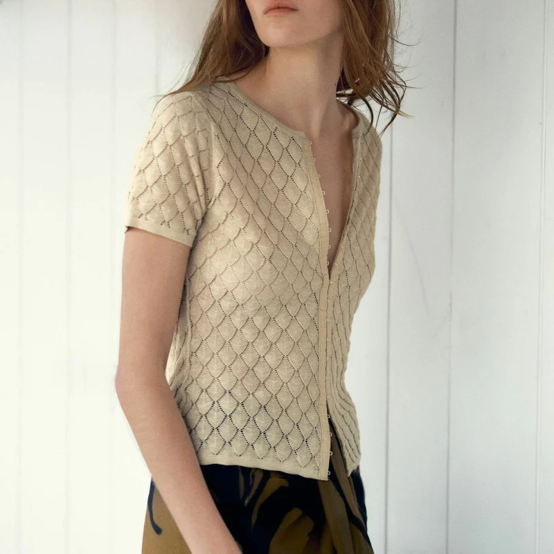 

New Summer Women's Knitted Jaet round Ne ort Sve Metal Hook Simple Texture Splicing Outerwear Commute Sle Loose Fit