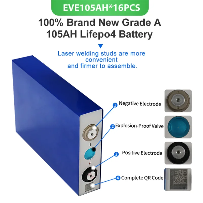 EVE 3.2V 105AH LiFePO4 Battery Grade A Rechargeable Cell With Free Busbars For Solar Energy DIY 12V 24V 48V Lithium Battery Pack