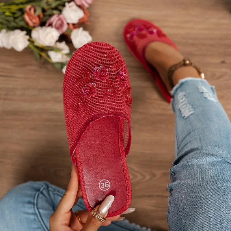 Embroidery Style Women's Solid Color Breathable Lightweight Slippers 2026 New Summer Women Vintage Casual Fashionable Sandals