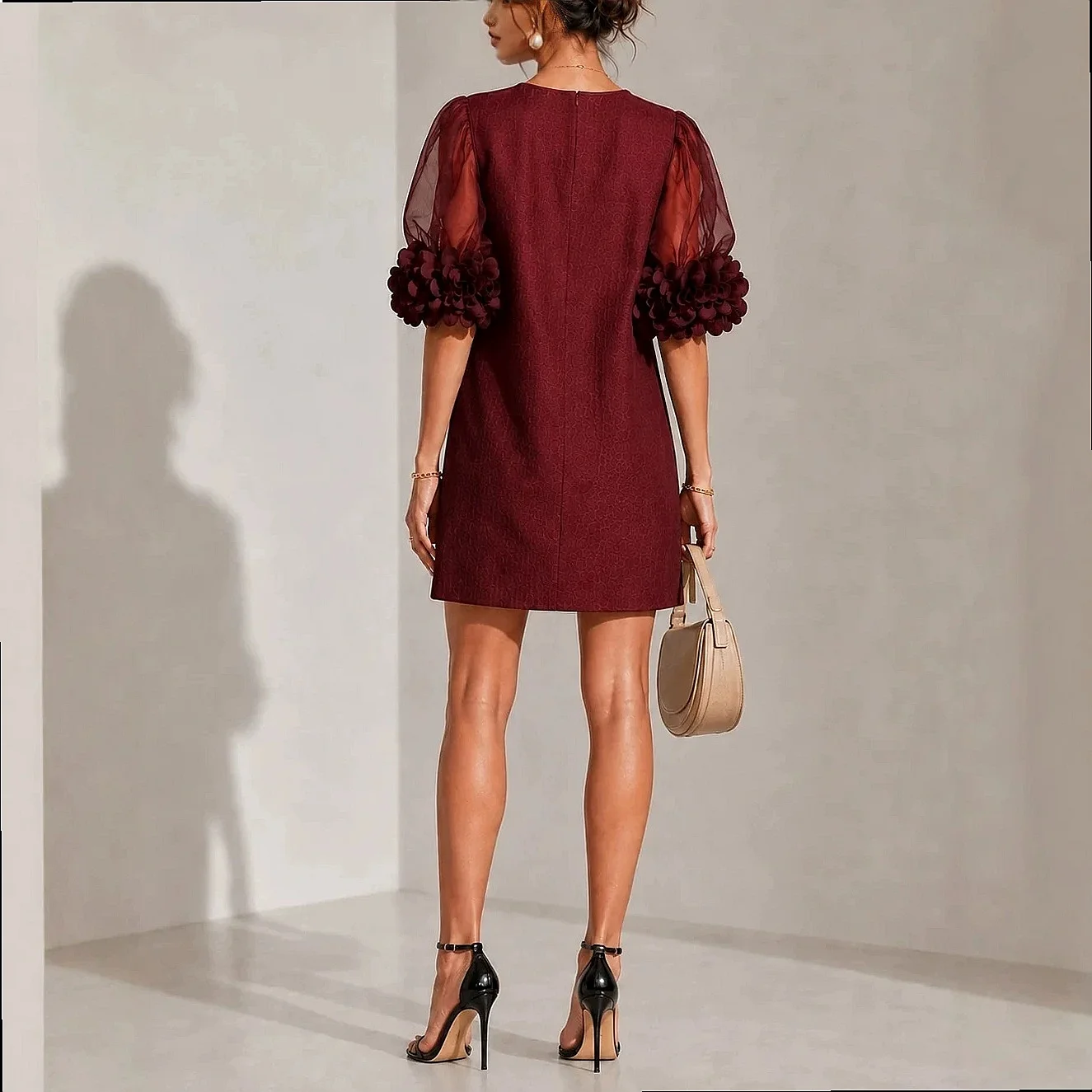 Women Mesh Bubble Sleeve Dress 3D Floral Texture Loose Straight Short Dresses Spring Summer Crew Neck Party Elegant