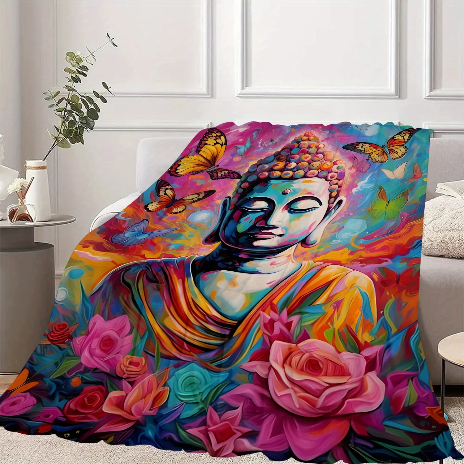 Butterfly and Buddha statue patterns Flannel printed blanket suitable for all seasons suitable for living office sofa and travel
