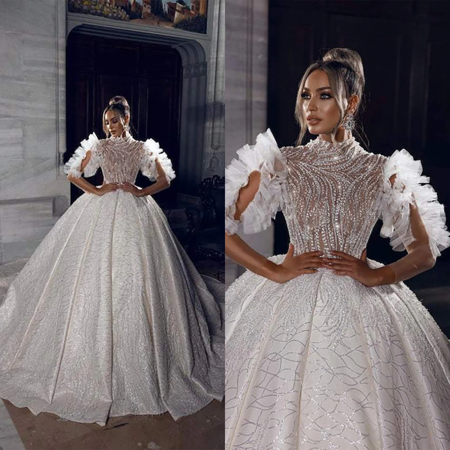 Luxury Dubai Arabic Ball Gown Wedding Dresses Tiered Long Sleeves Gorgeous Lace Appliques Sequins Vintage Bridal Gowns