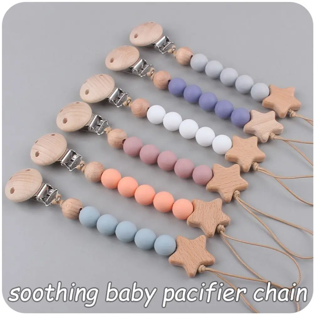 Dummy Clips Pacifier Holder Clips Star Soother Holder Baby Pacifier Chain Wood Nipple Holder Clips Baby Teether Straps Baby