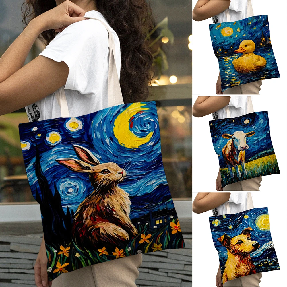 

Casual Dogs Tiger Cat Panda Starry Night Lady Shopping Bags Van Gogh Women Big Shopper Bag Girl Shoulder Tote Handbag 40x45cm