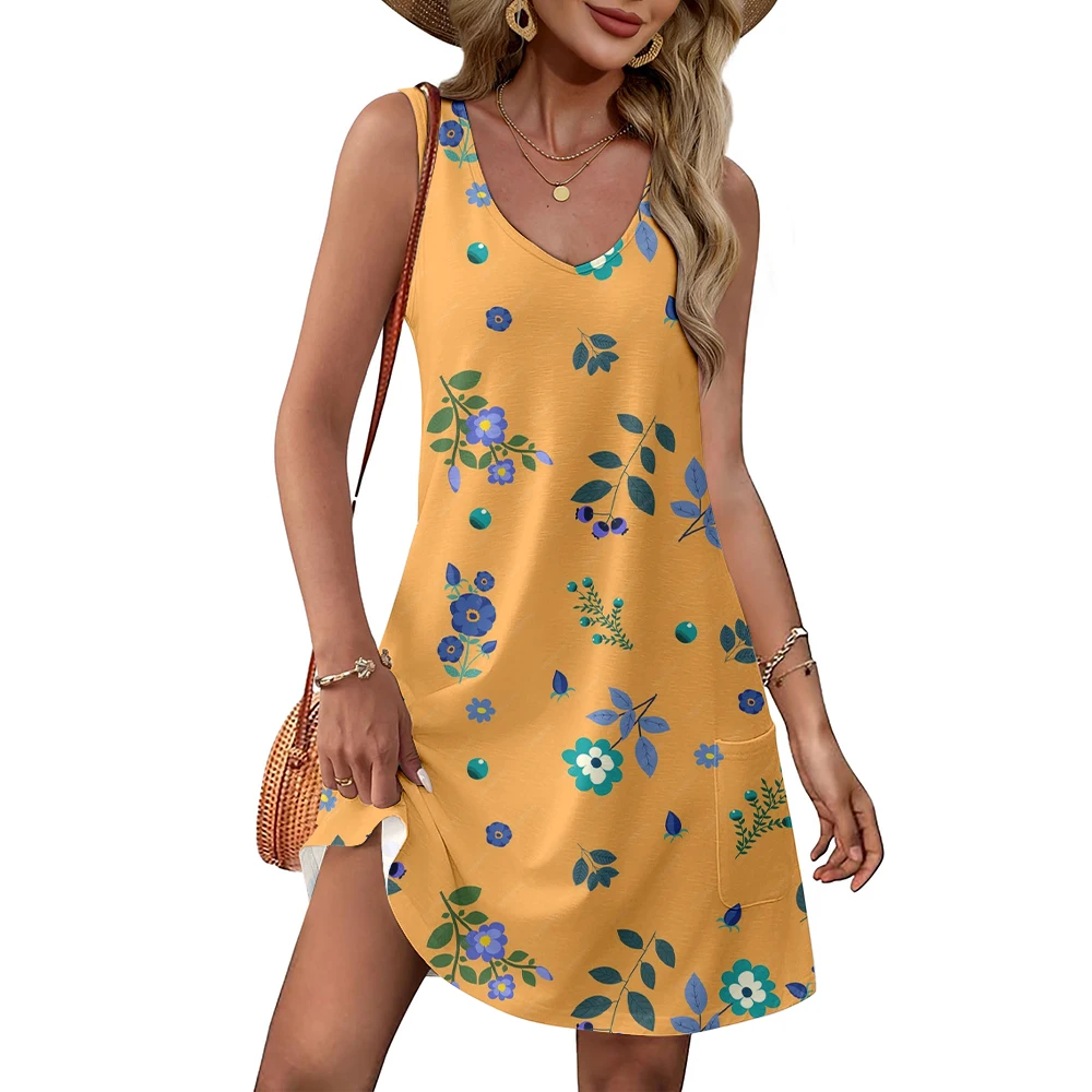 

2024 new trend women's summer knee-length dress yellow floral skirt all comfortable casual fashion loose sleeveless vest pocket